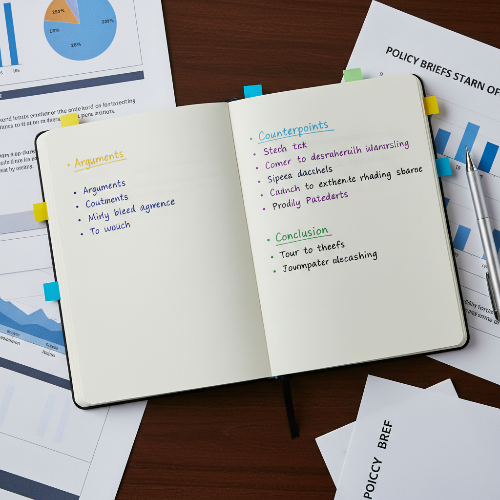 A close-up of an open notebook with cream, slightly textured pages filled with carefully written bullet points labeled “Arguments,” “Counterpoints,” and “Conclusion,” each underlined in different colored ink. Yellow and blue sticky flags mark key sections of the notebook. Surrounding the notebook on a dark walnut table are printed reports, a slim graphite mechanical pencil, and a small, neatly arranged stack of policy briefs with clean typography. Overhead, cool, even artificial lighting illuminates the pages without harsh glare, creating crisp, legible text. Photographic realism with a top-down composition and sharp focus throughout evokes intellectual rigor, structured thinking, and the crafting of nuanced opinion essays.