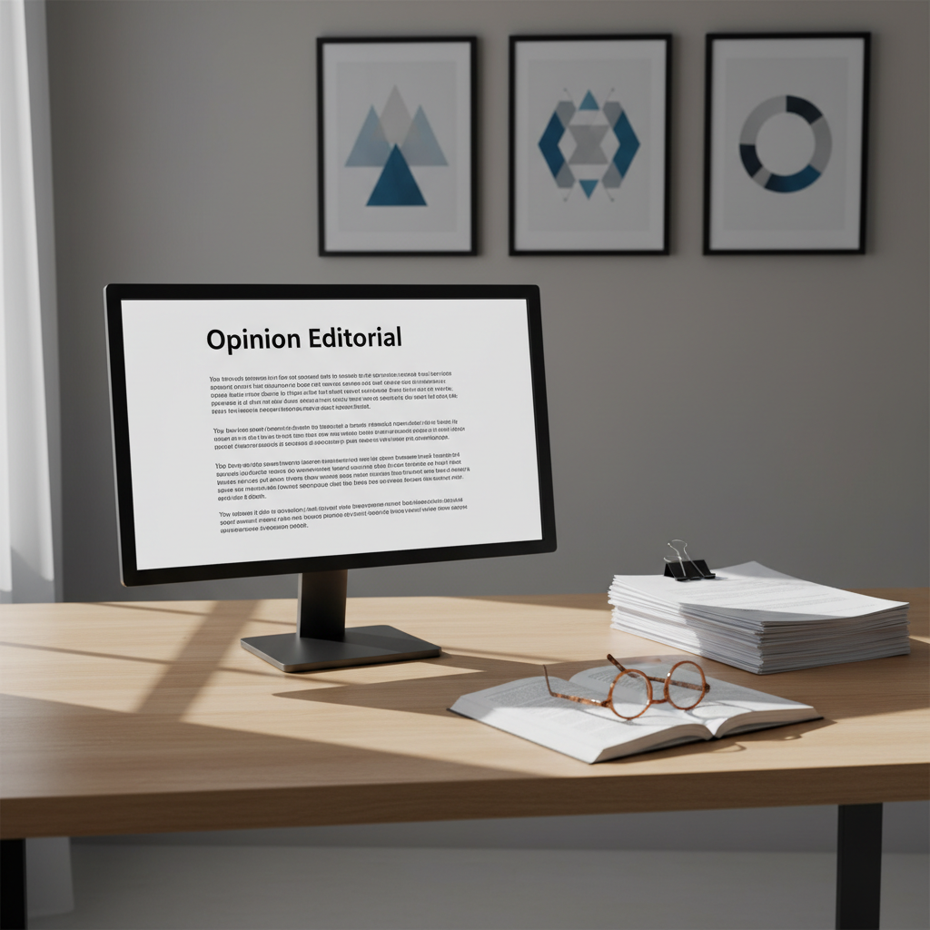 A modern, minimalist workspace featuring a slim, dark-framed computer monitor displaying a clean document page filled with well-structured paragraphs and a bold title reading “Opinion Editorial.” The monitor sits on a light oak desk, alongside a neat stack of printed pages secured with a black binder clip and a single pair of tortoiseshell reading glasses. Behind, a muted grey wall hosts three framed abstract charts, hinting at data-informed arguments. Soft, diffused morning light from an unseen window casts gentle shadows and subtle reflections across the desk surface. Photographic realism, shot from a slightly elevated angle with balanced composition, conveys a professional, analytical atmosphere suited for serious commentary and essays.
